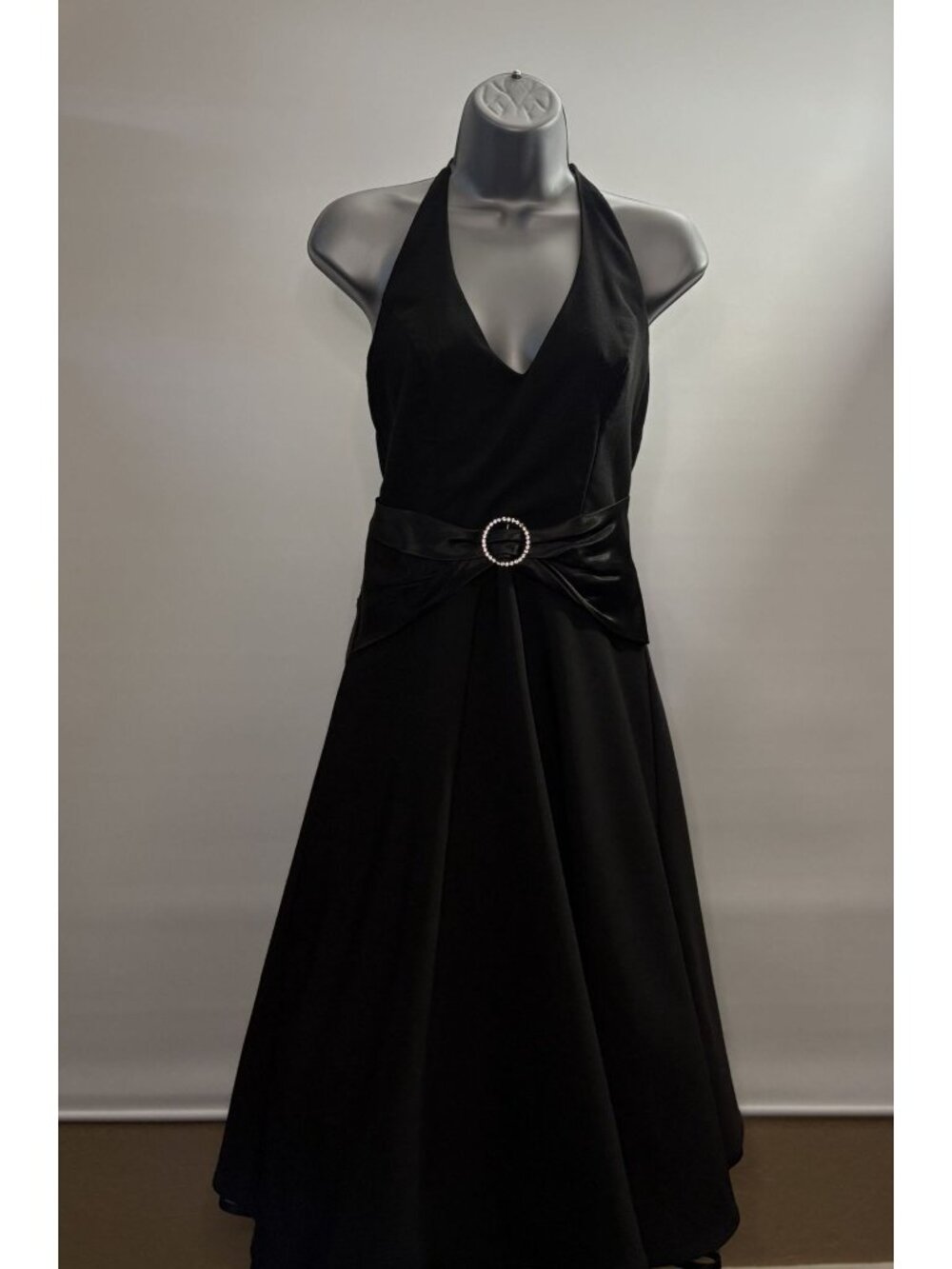 B. Darlin Black Halter Vintage Y2K Tie Back Satin Evening Dress Rhinestone Vneck - Picture 2 of 16